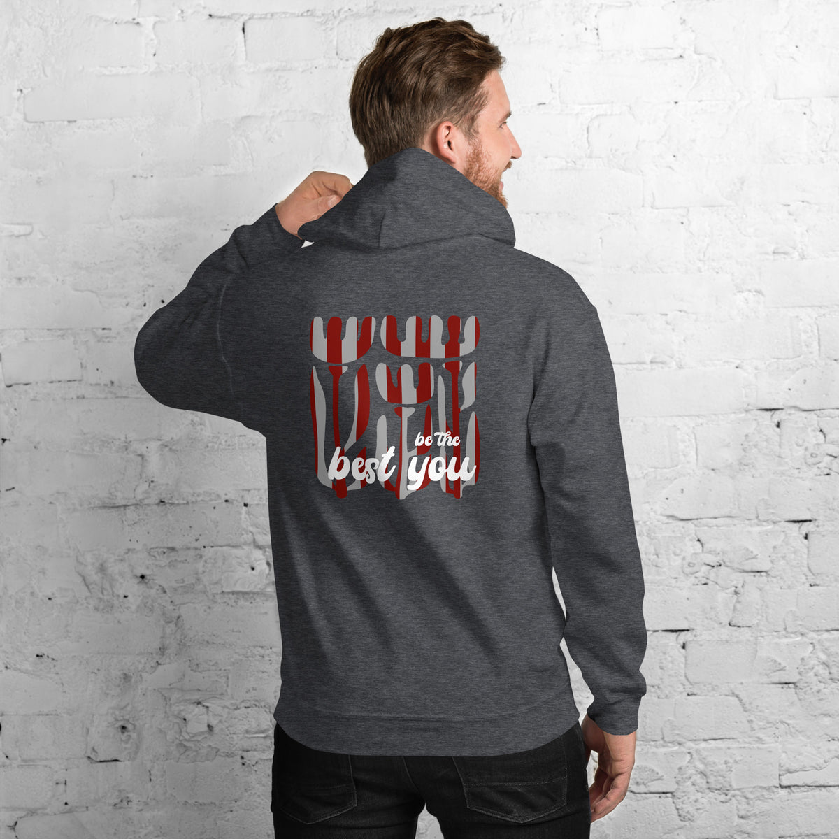 Grey back view Be The Best You Christian Hoodie blends bold encouragement with modern faith style. Perfect for anyone looking for Christian clothing apparel, Christian wear apparel, Christian merch, Christian apparel hoodies, Christian hooded 