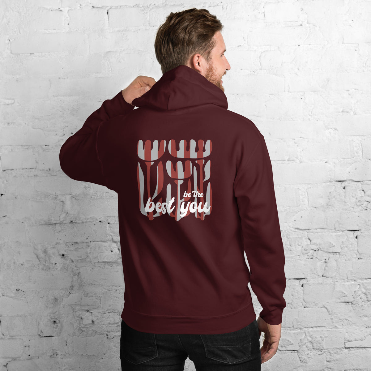 Maroon back view Be The Best You Christian Hoodie blends bold encouragement with modern faith style. Perfect for anyone looking for Christian clothing apparel, Christian wear apparel, Christian merch, Christian apparel hoodies, Christian hooded 