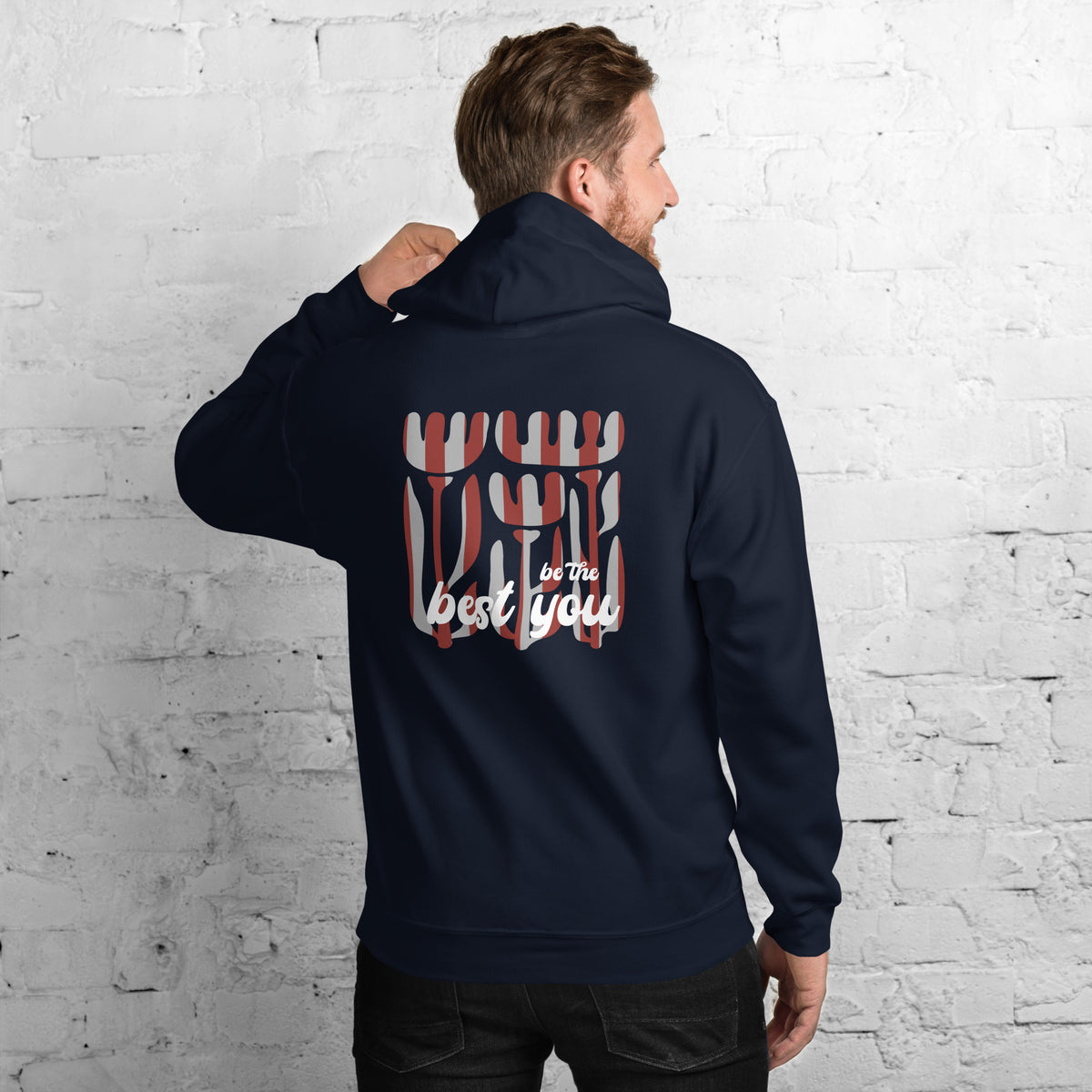 Navy back view Be The Best You Christian Hoodie blends bold encouragement with modern faith style. Perfect for anyone looking for Christian clothing apparel, Christian wear apparel, Christian merch, Christian apparel hoodies, Christian hooded 