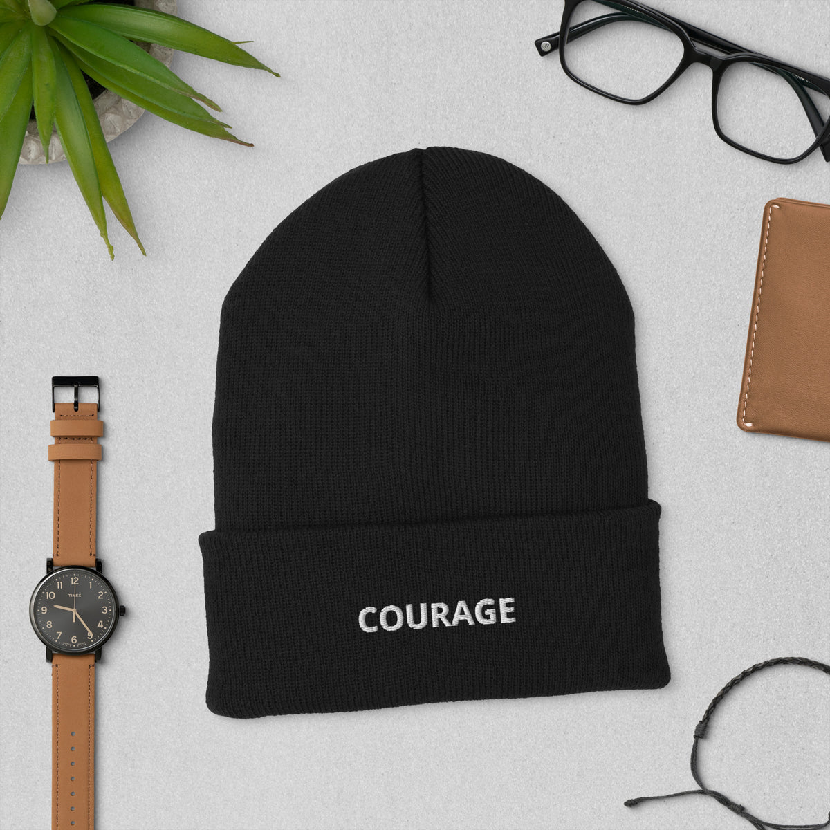 front view a winter hat- Black beanie hat -courage beanie hat-