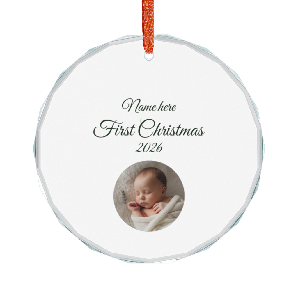 personlised baby image and text, glass, red ribbon front view