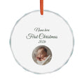 personlised baby image and text, glass, red ribbon front view