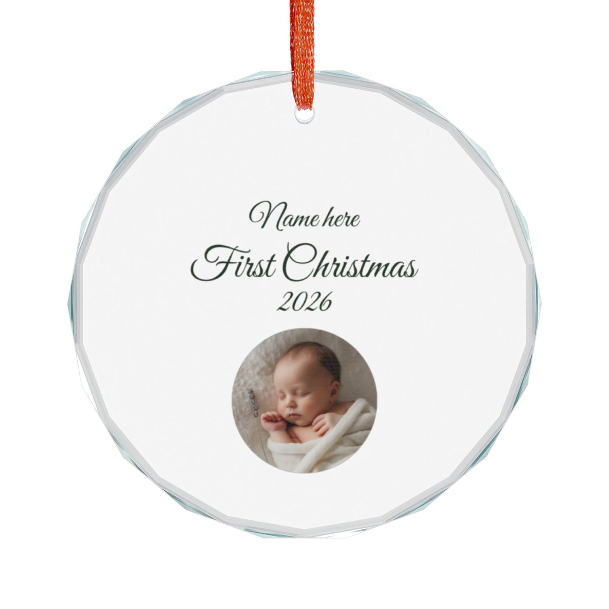 personlised baby image and text, glass, red ribbon front view