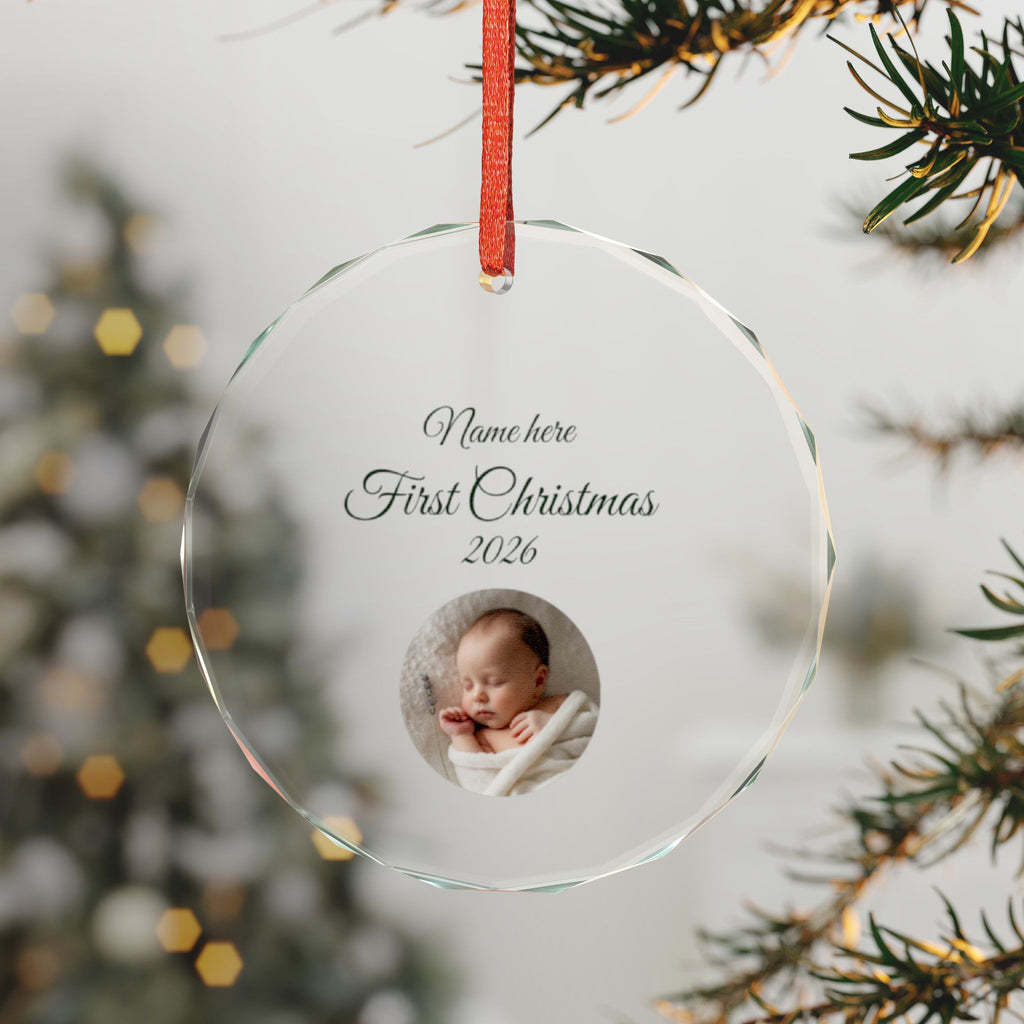 personlised baby image and text, glass, red ribbon tree front view