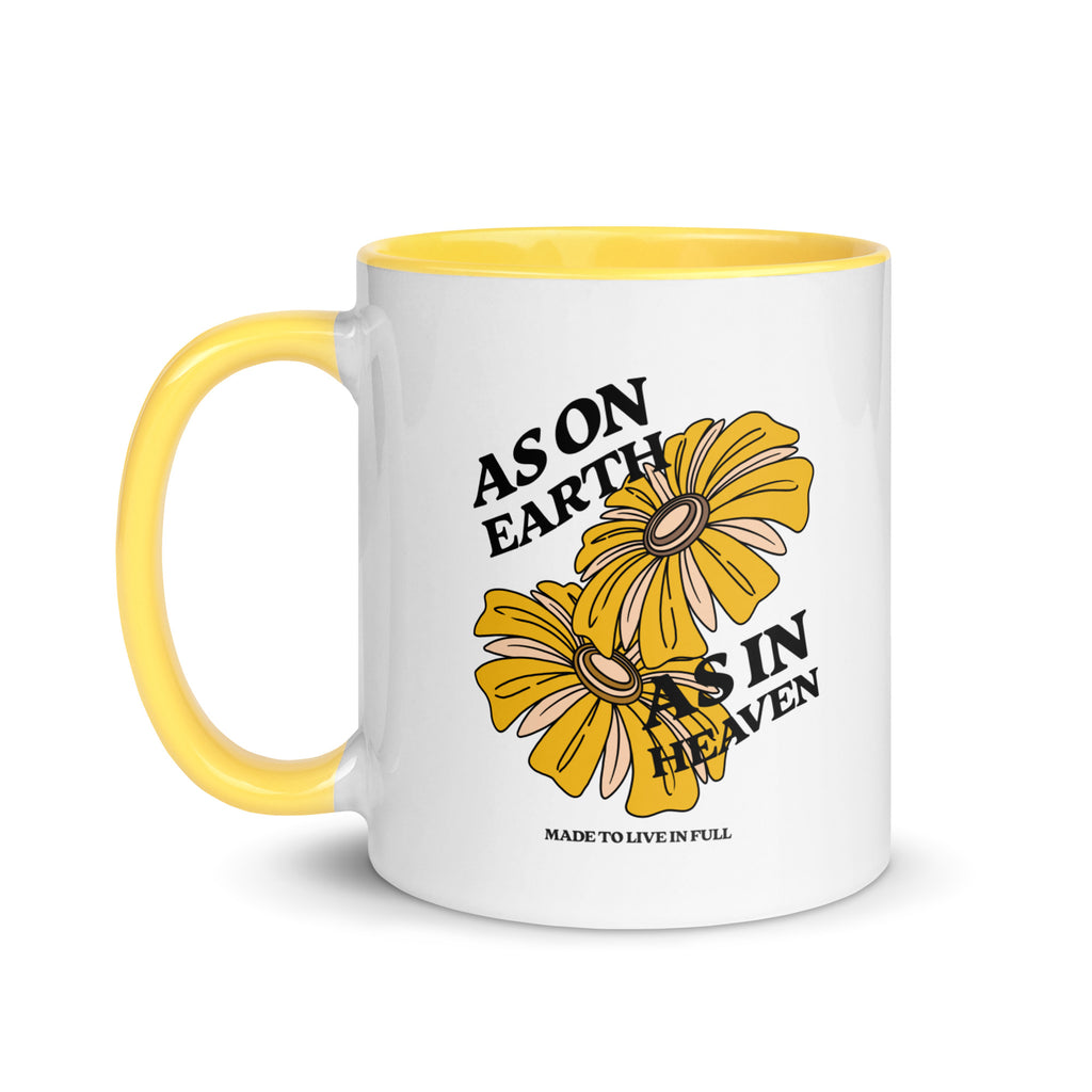 white-ceramic-mug-with-color-inside-yellow-11-oz-front-as on earth as in heaven christian mug left 